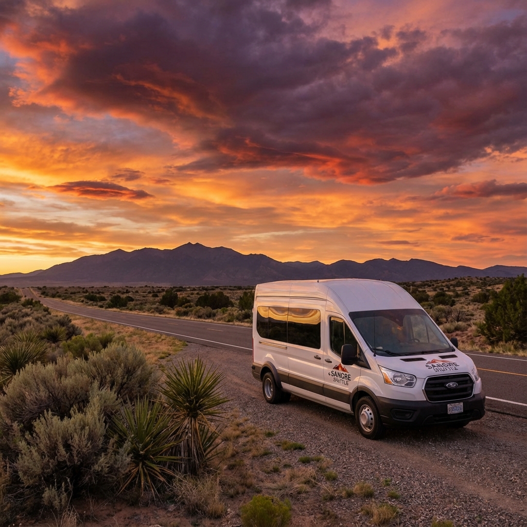 New Mexico sunset highway with shuttle van
